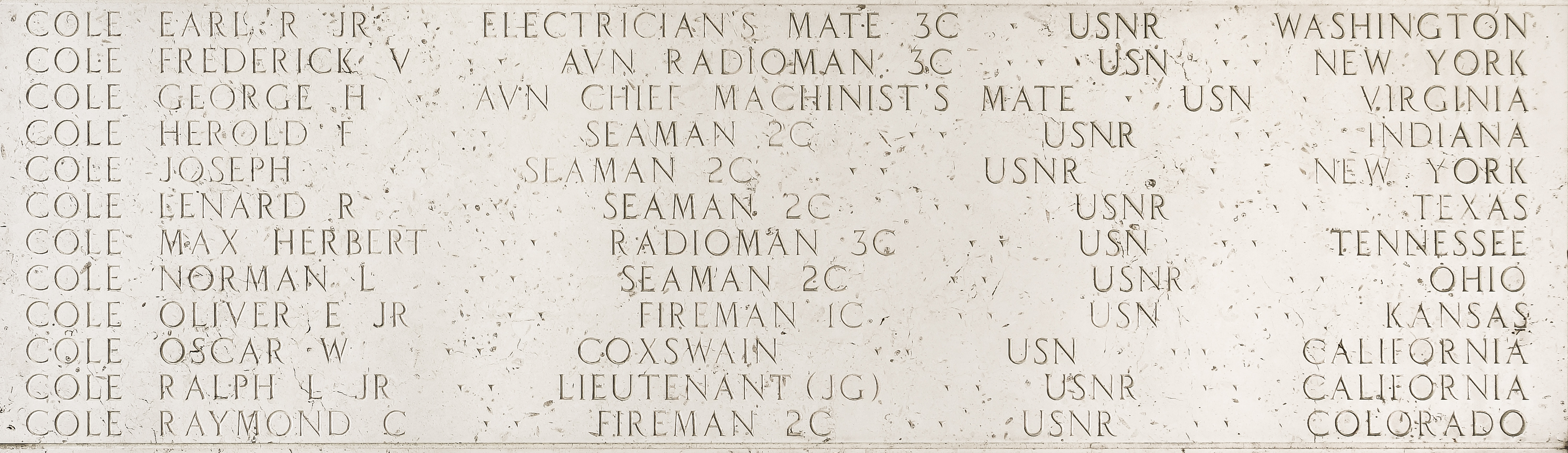 Max Herbert Cole, Radioman Third Class